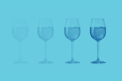 Abstract illustration of four pixilated wine glasses.