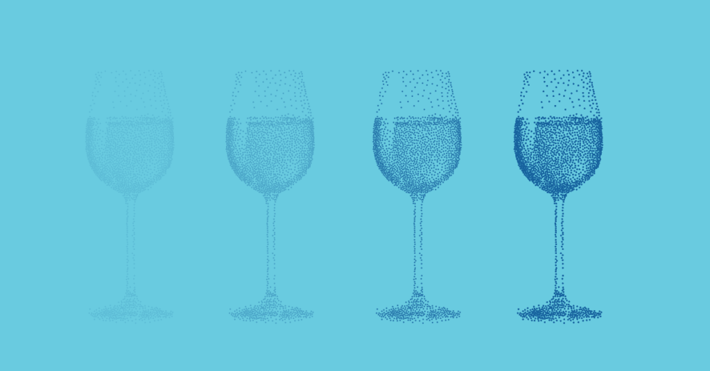 Abstract illustration of four pixilated wine glasses.
